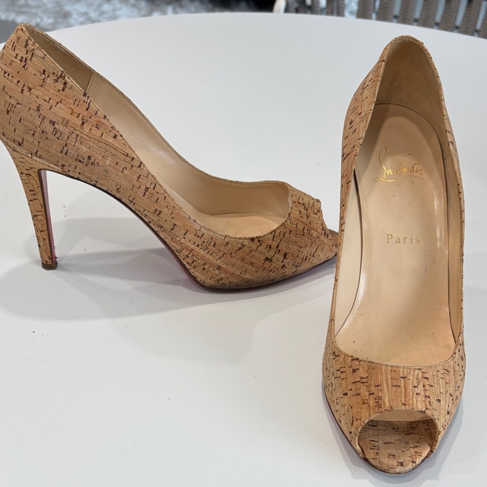 Christian Louboutin Cork Peep Toe Heels- Red Sole-Size 39